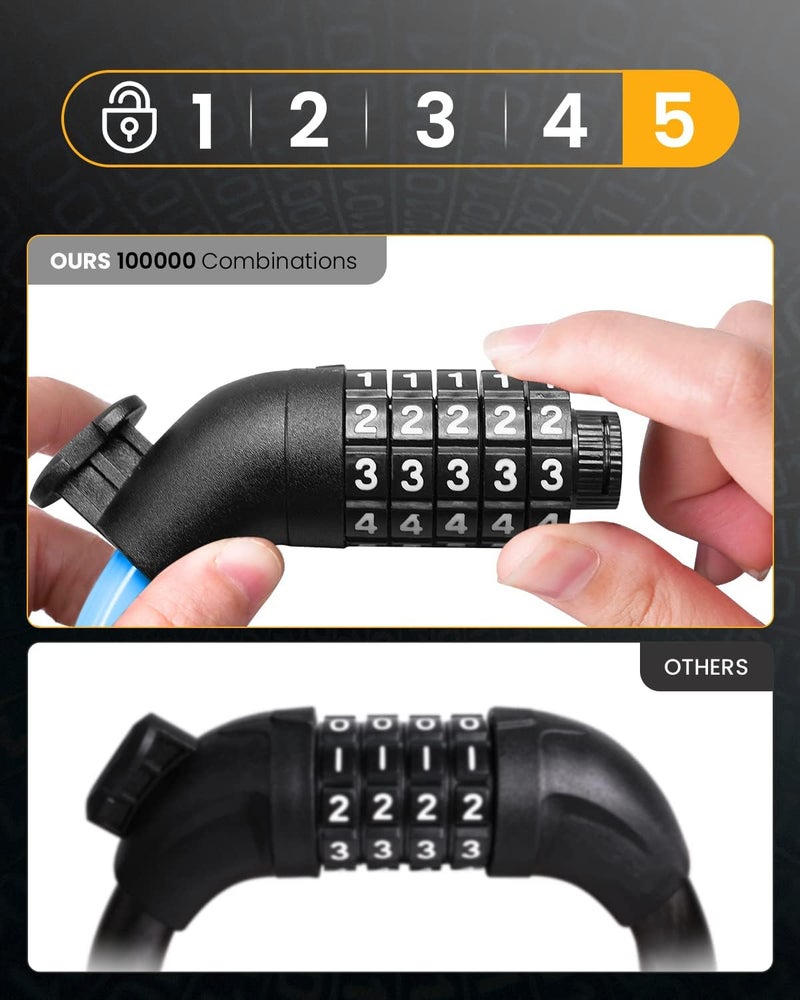 KEYSTP قفل دراجة بكابل مع تركيبة، أمان عالي 5 أرقام قابل لإعادة الضبط لقفل الدراجة ضد السرقة، مع حامل تركيب للدراجات والسكوترات - Image 3